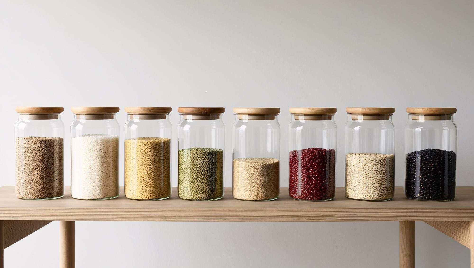 Minimalist pantry with labeled containers and spices